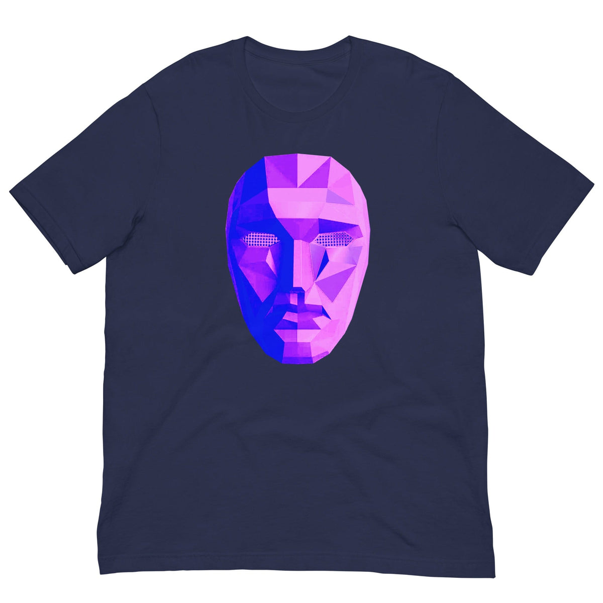 Navy T-shirt with purple-blue polygon mask graphic on chest