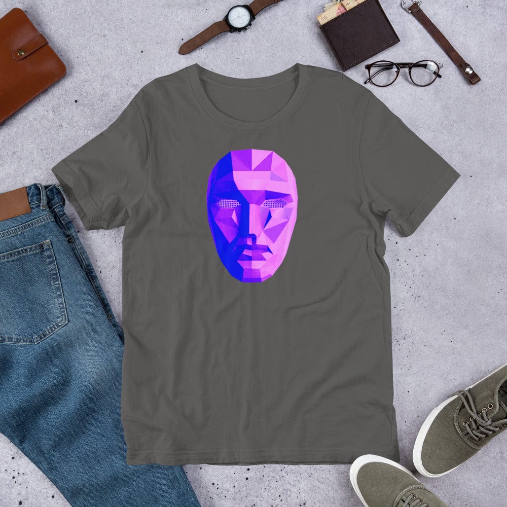 Gray T-shirt with purple-blue polygon mask graphic on chest