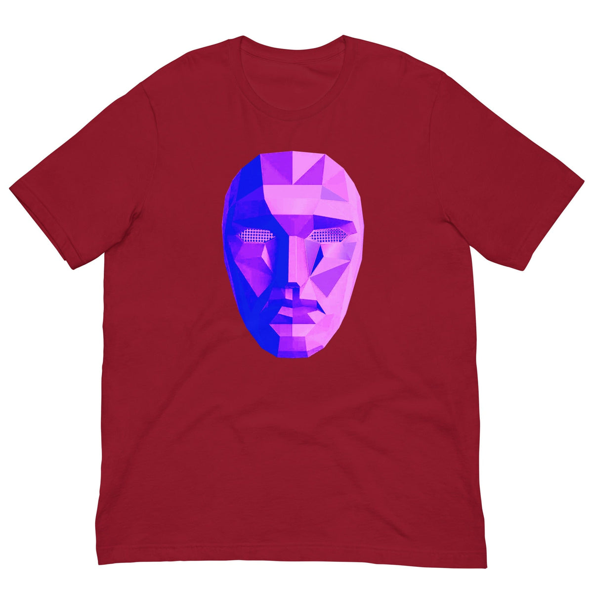 Red T-shirt with colorful polygon mask graphic on the chest