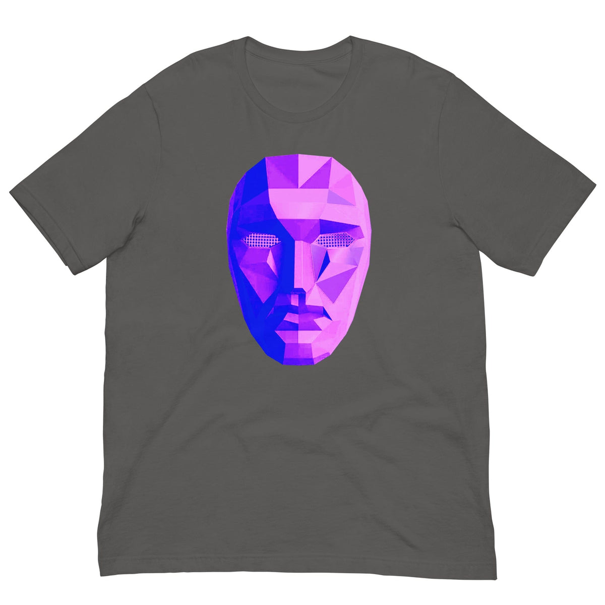 Dark gray T-shirt with colorful polygon mask graphic on the chest