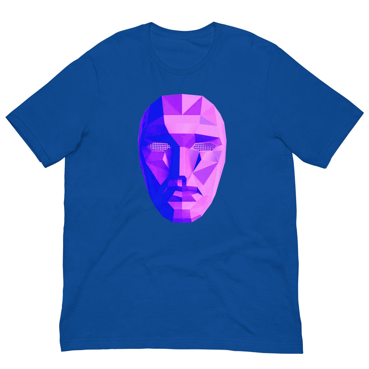 Blue T-shirt with colorful polygon mask graphic on the chest