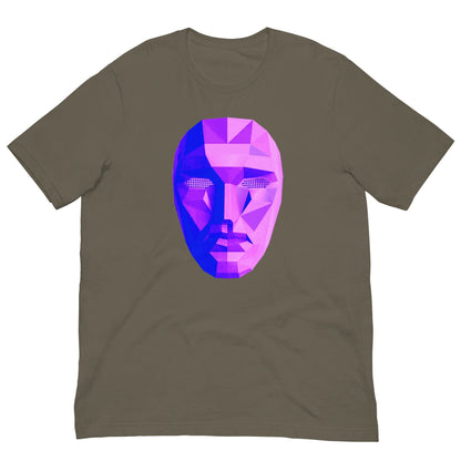 Olive/brown T-shirt with colorful polygon mask graphic on the chest