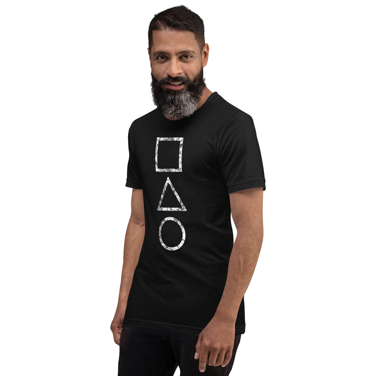Black T-shirt with stacked square, triangle, and circle graphic on the chest