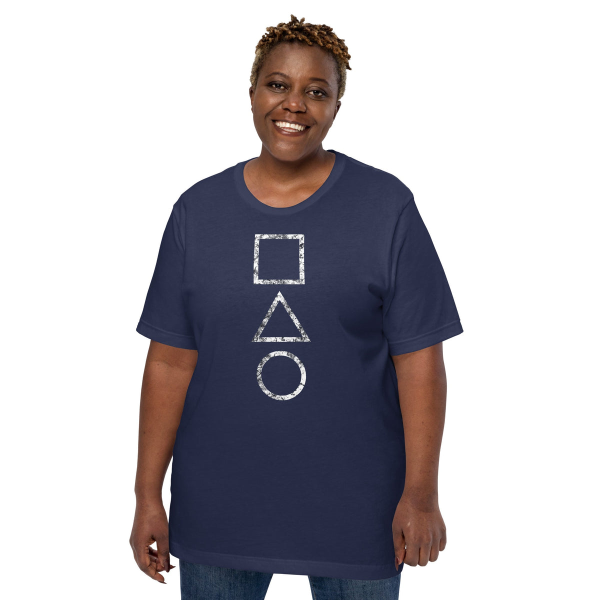 Navy T-shirt with stacked square, triangle, and circle graphic on the chest
