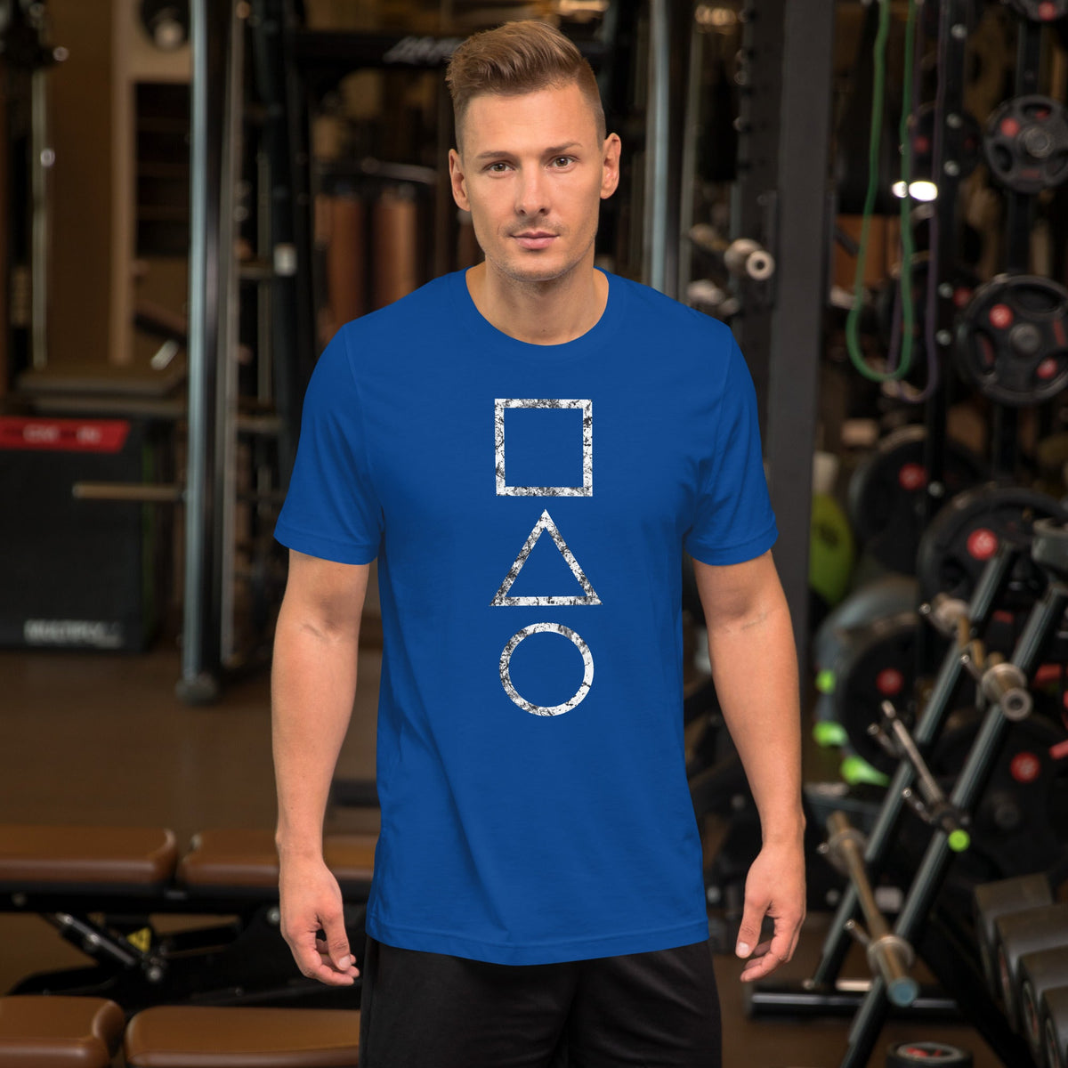 True royal blue T-shirt with stacked square, triangle, and circle graphic on the chest
