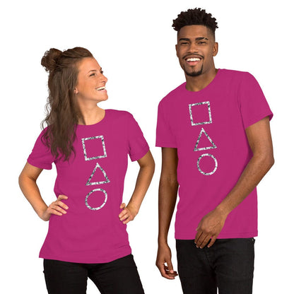 Berry T-shirt with stacked square, triangle, and circle graphic on the chest
