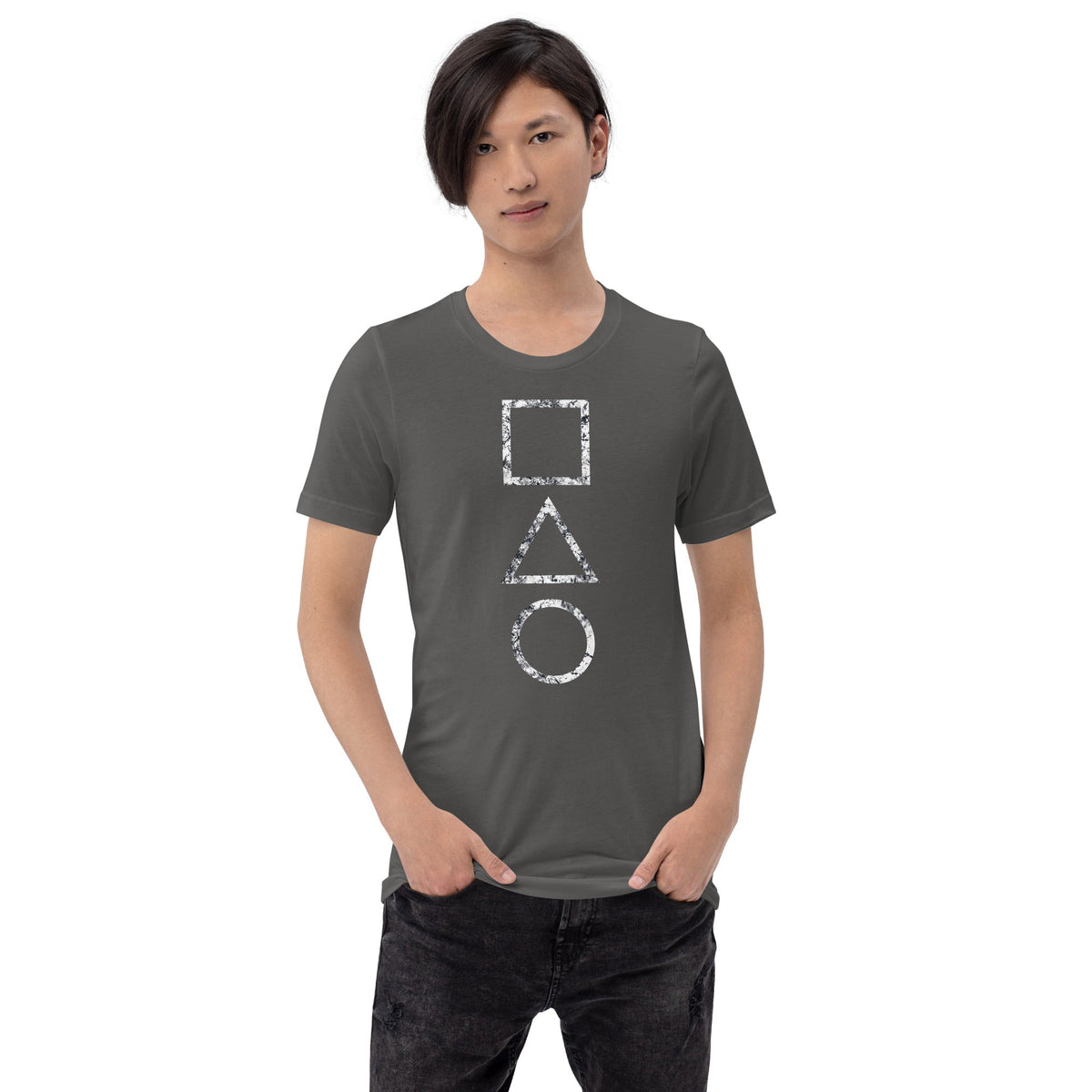 Asphalt gray T-shirt with stacked square, triangle, and circle graphic on the chest