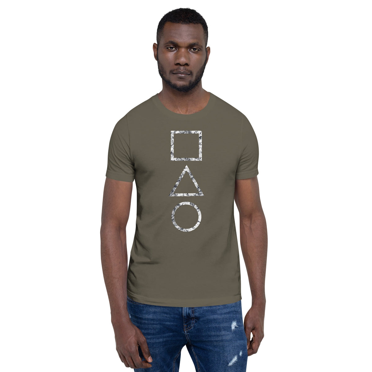 Army green T-shirt with stacked square, triangle, and circle graphic on the chest