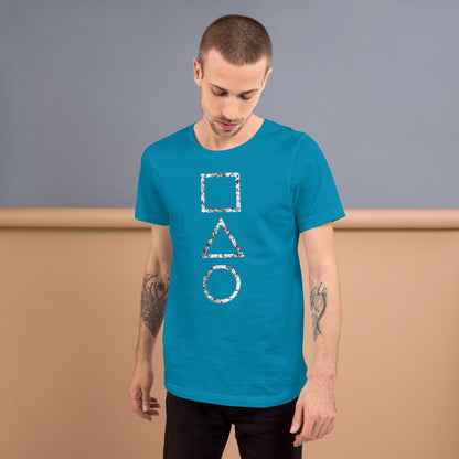 Aqua T-shirt with stacked square, triangle, and circle graphic on the chest
