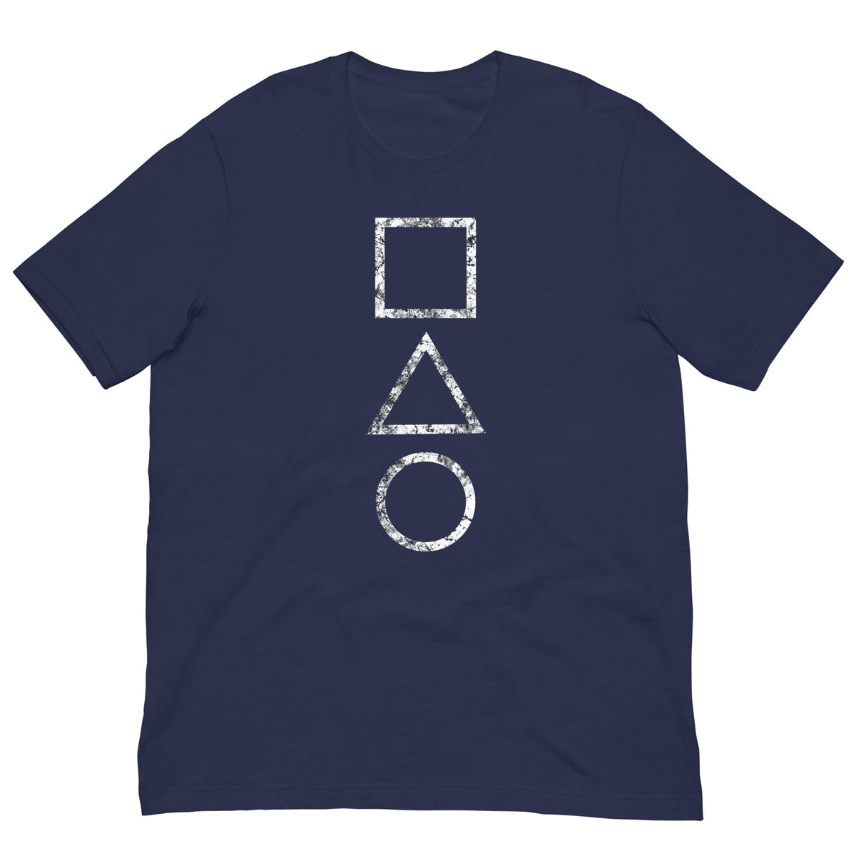 Navy T-shirt with geometric square, triangle, and circle graphic print