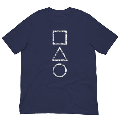 Navy T-shirt with geometric square, triangle, and circle graphic print