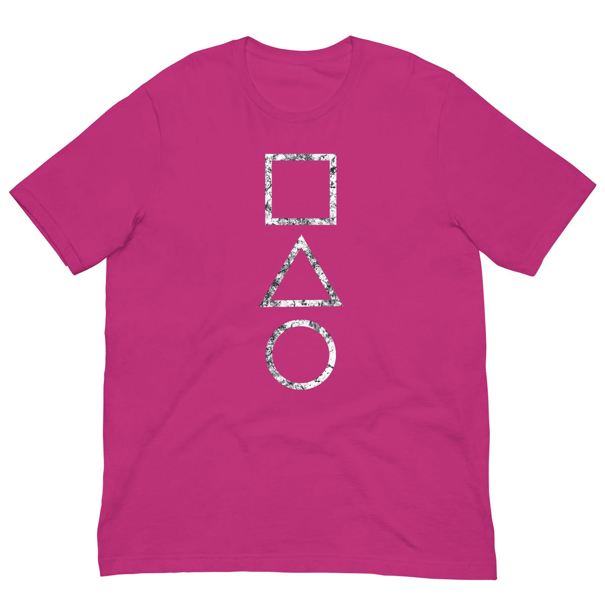Berry pink T-shirt with geometric square, triangle, and circle graphic print