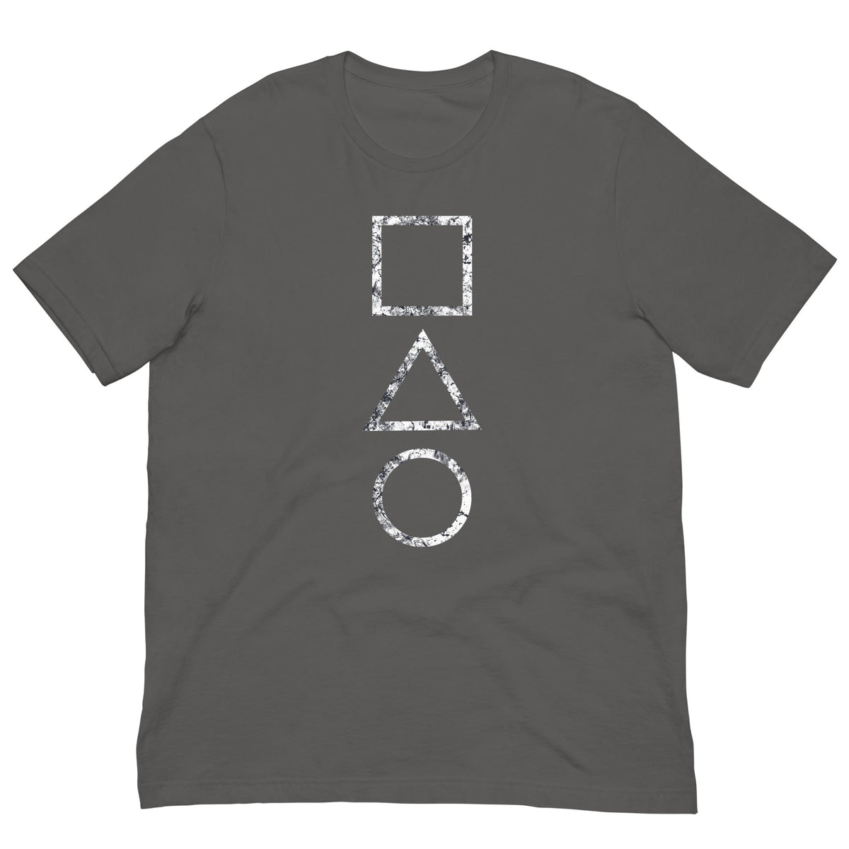 Asphalt gray T-shirt with stacked square, triangle, and circle graphic on the chest