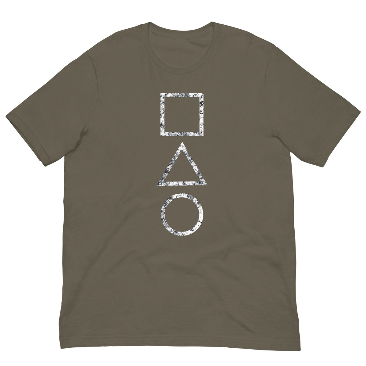 Asphalt gray T-shirt with geometric square, triangle, and circle graphic print
