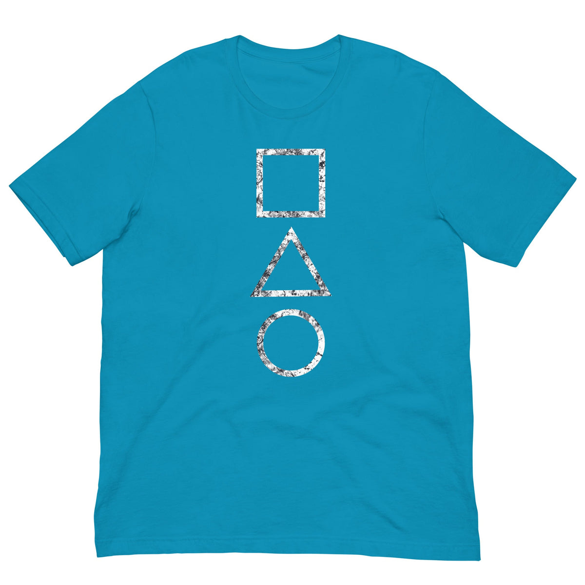 Aqua blue T-shirt with geometric square, triangle, and circle graphic print