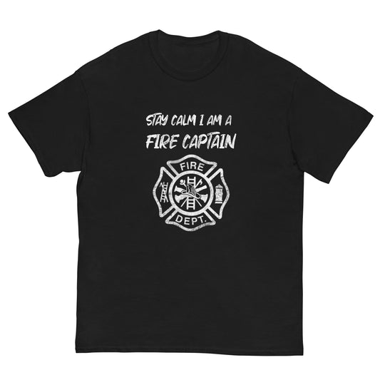 Black crewneck T-shirt with white fire captain badge and Stay calm text graphic