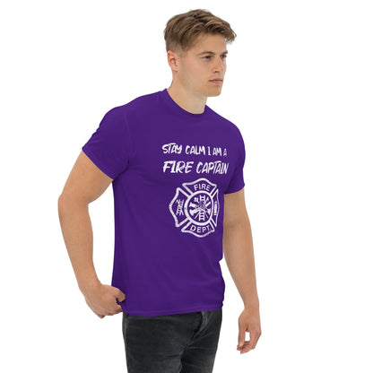 Purple crewneck T-shirt with white fire captain badge and Stay calm text graphic