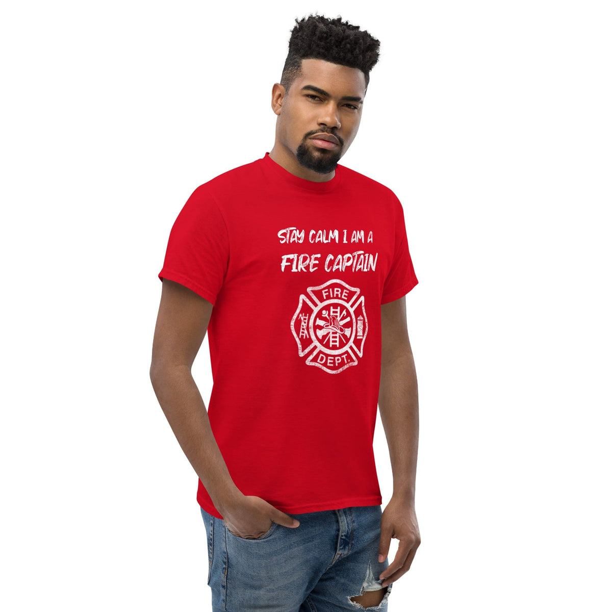 Red crewneck T-shirt with white fire captain badge and Stay calm text graphic