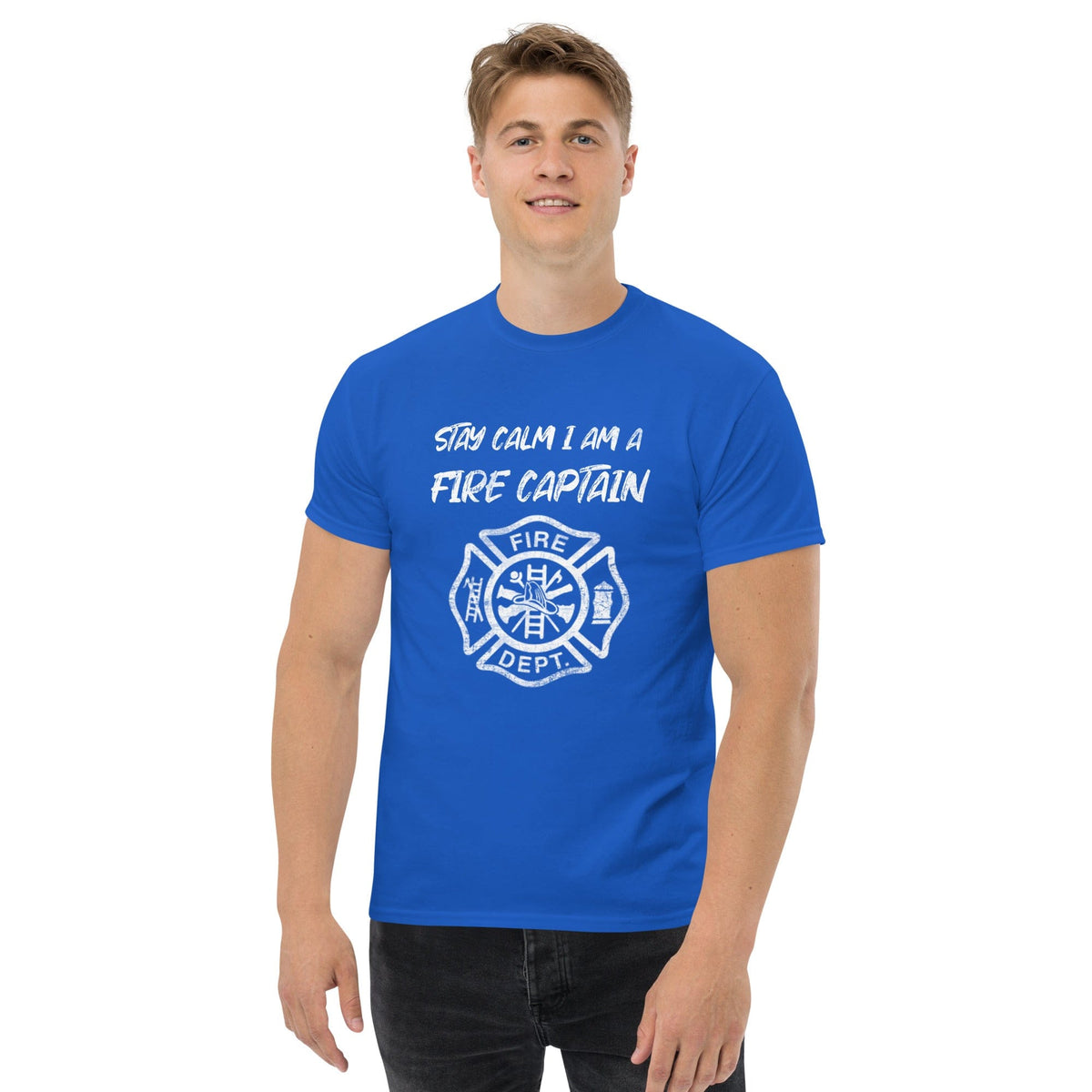 Blue crewneck T-shirt with white fire captain badge and Stay calm text graphic