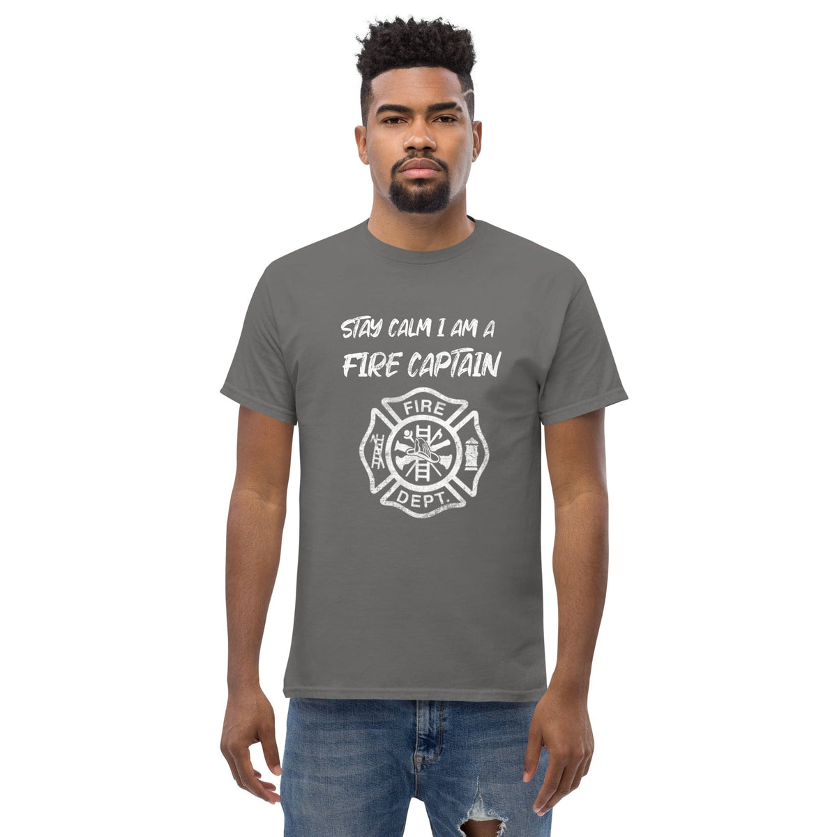 Charcoal gray crewneck T-shirt with white fire captain badge and Stay calm text graphic