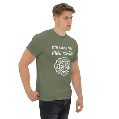 Military green crewneck T-shirt with white fire captain badge and Stay calm text graphic
