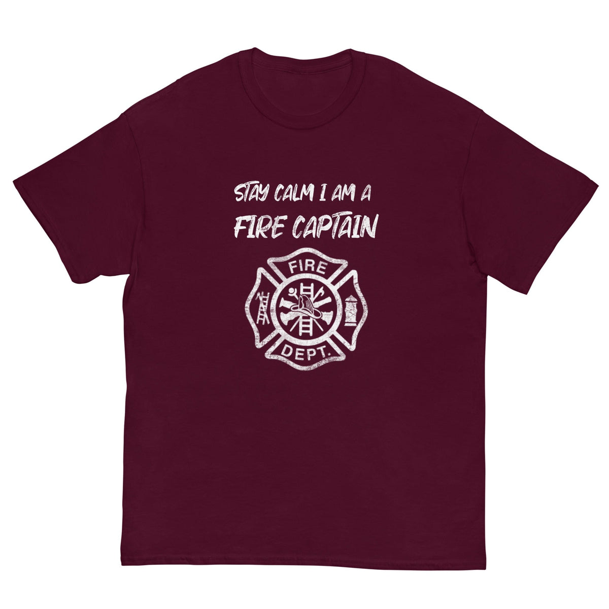 Maroon crewneck T-shirt with white fire captain badge and Stay calm text graphic