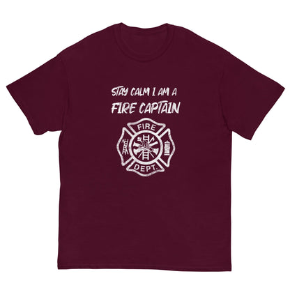 Maroon crewneck T-shirt with white fire captain badge and Stay calm text graphic