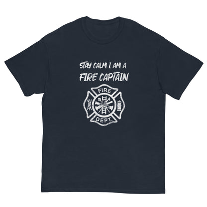 Navy T-shirt with white fire-captain text and fire department badge graphic