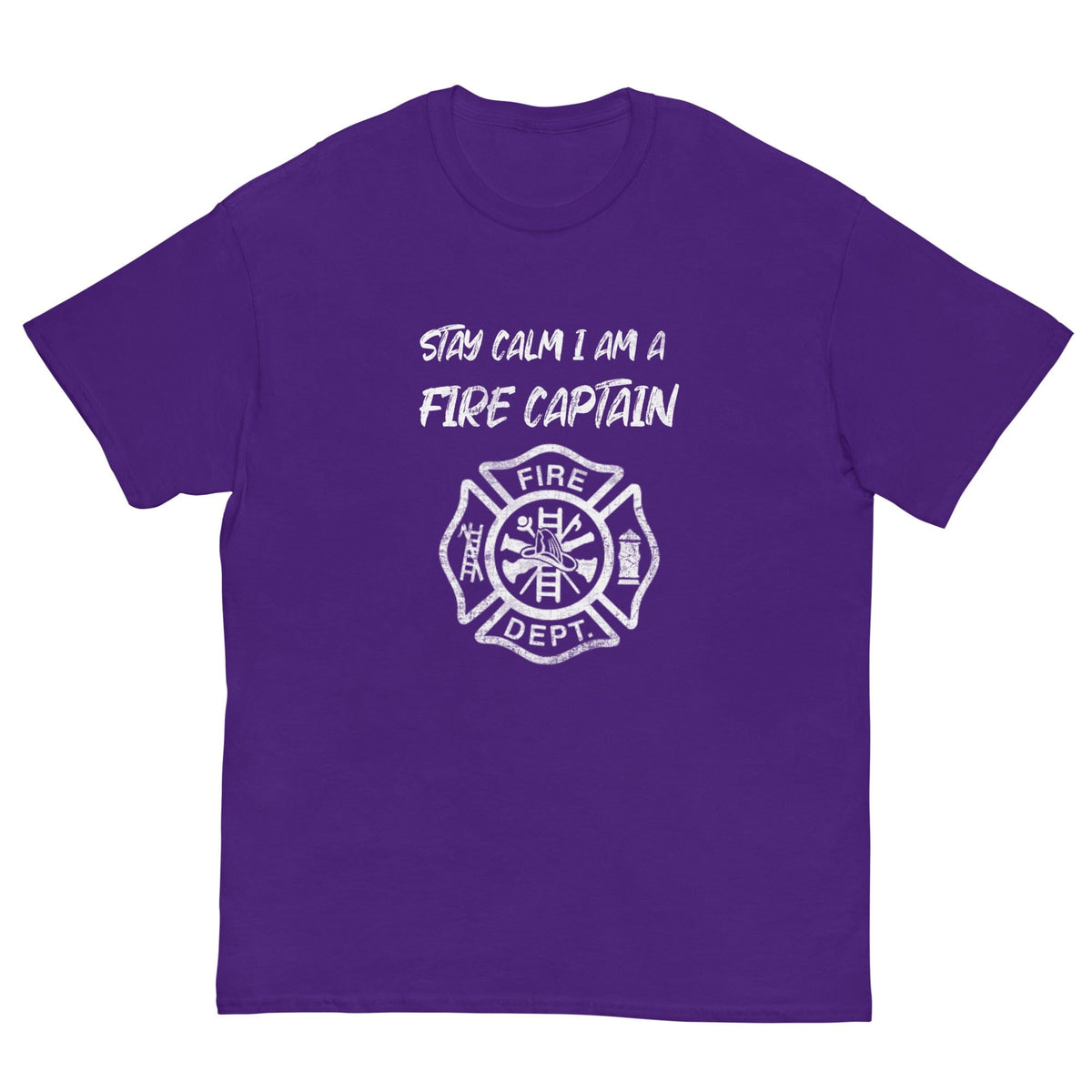 Purple T-shirt with white fire-captain text and fire department badge graphic