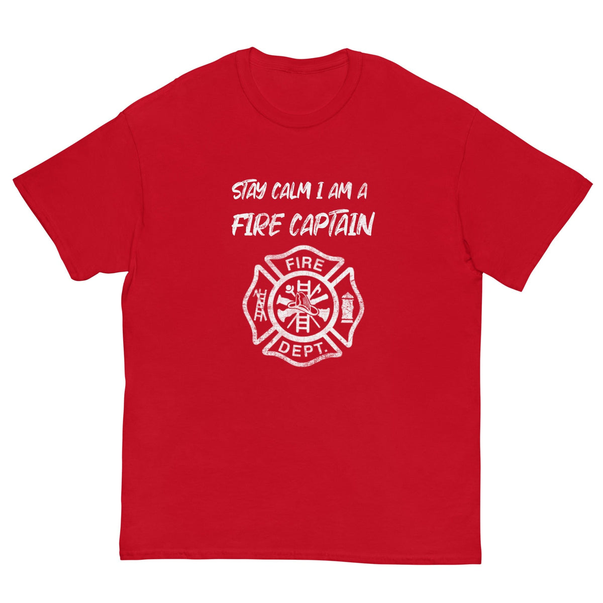 Red T-shirt with white fire-captain text and fire department badge graphic