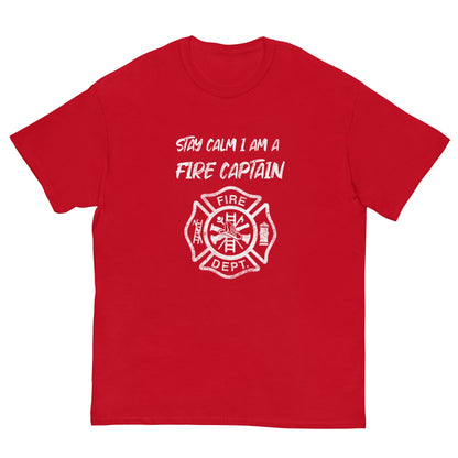 Red T-shirt with white fire-captain text and fire department badge graphic