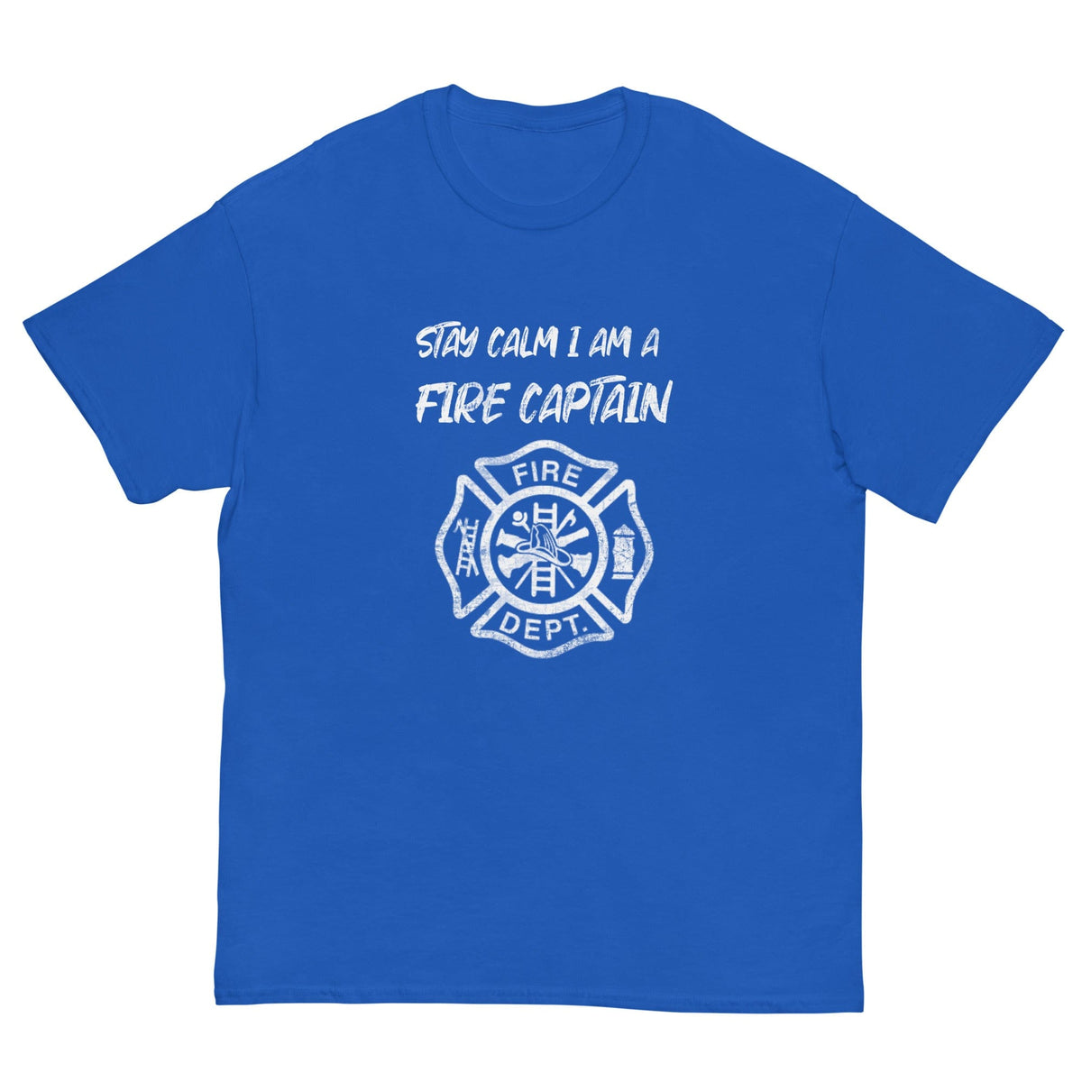 Royal blue T-shirt with white fire-captain text and fire department badge graphic