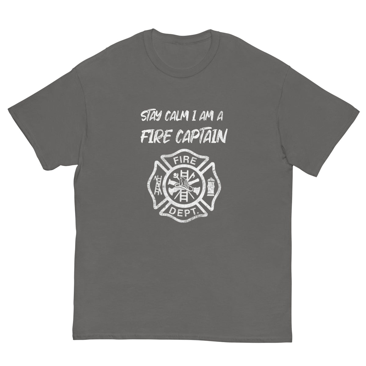 Charcoal gray T-shirt with white fire-captain text and fire department badge graphic