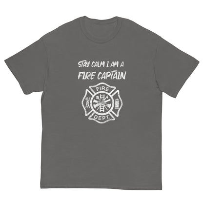 Charcoal gray T-shirt with white fire-captain text and fire department badge graphic