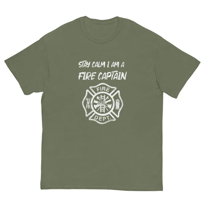 Military green T-shirt with white fire-captain text and fire department badge graphic
