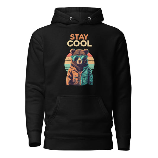 Black teddy bear graphic hoodie with front kangaroo pocket and drawstring hood