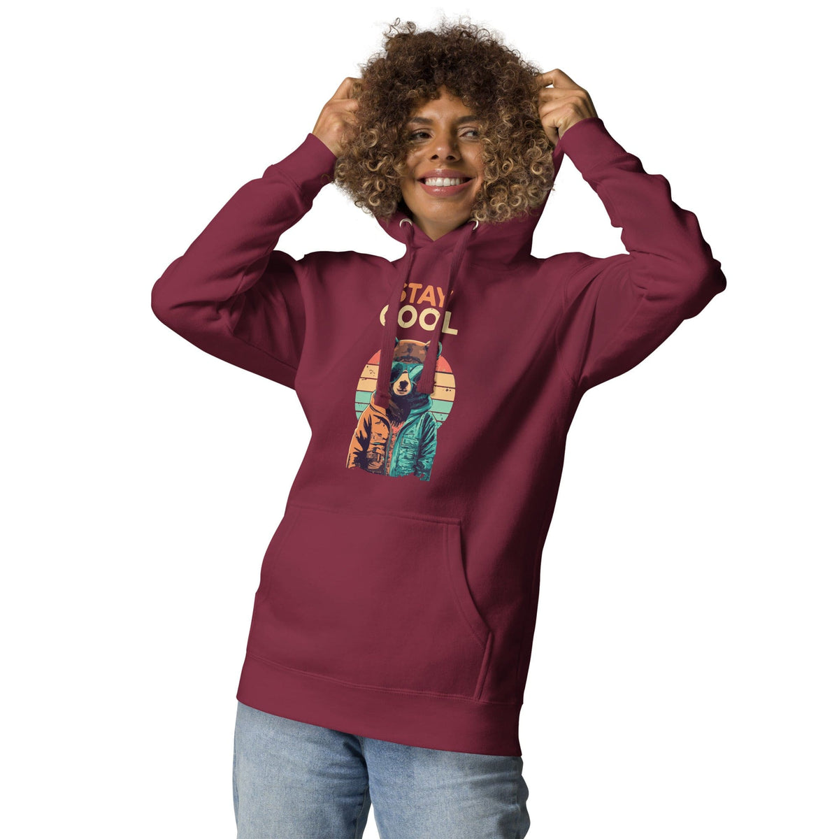 Maroon teddy bear graphic hoodie with front kangaroo pocket and drawstring hood