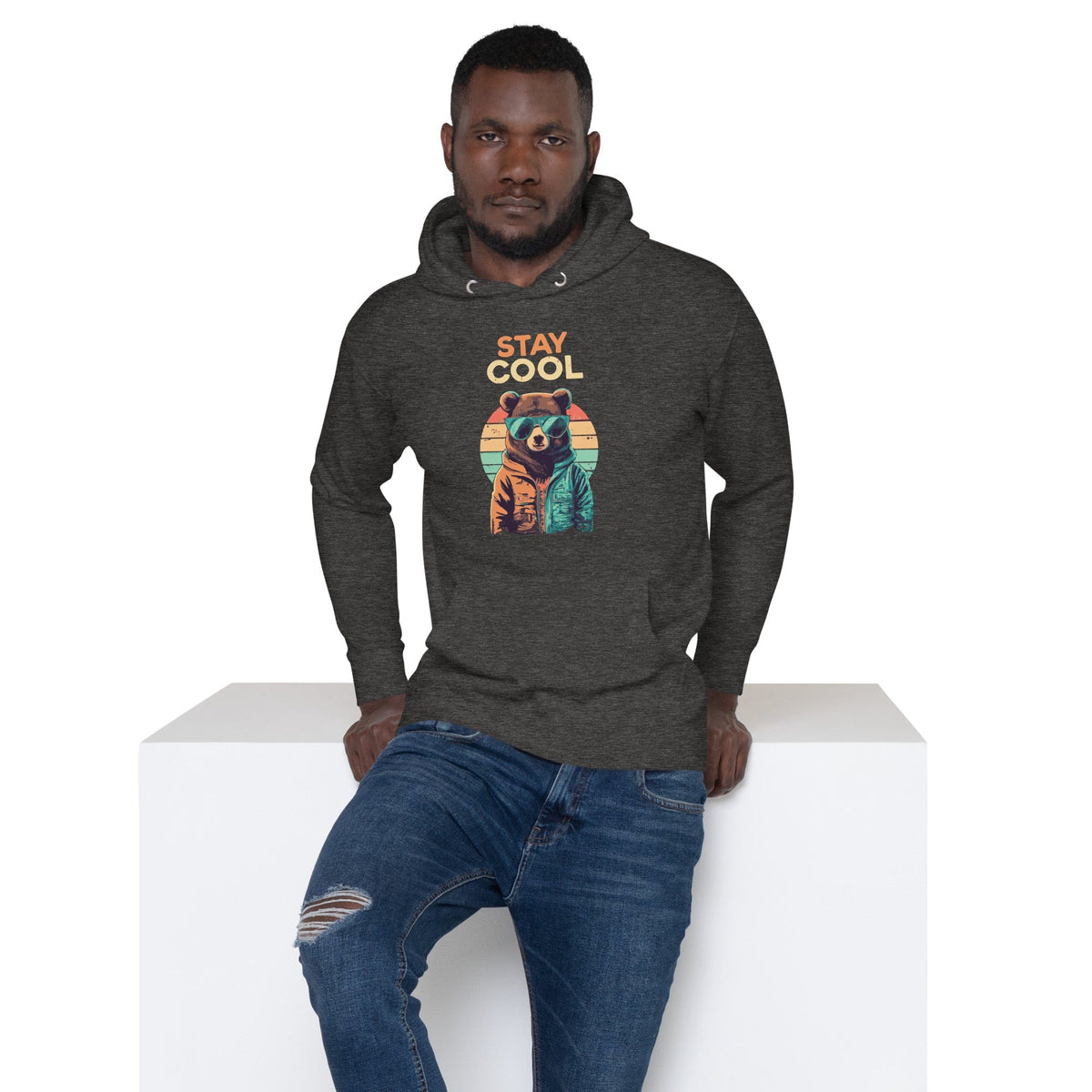 Charcoal heather teddy bear graphic hoodie with drawstring hood and front kangaroo pocket