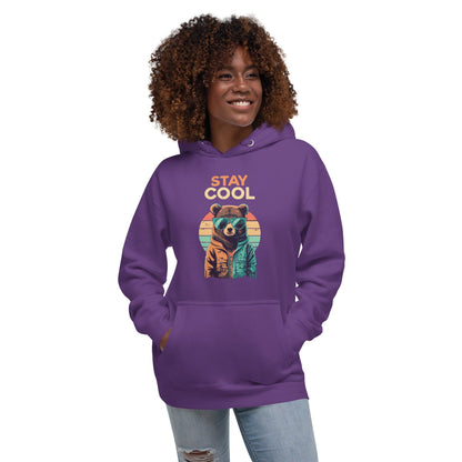 Purple teddy bear graphic hoodie with kangaroo pocket and drawstring hood