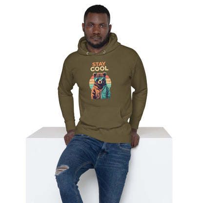 Military green teddy bear graphic hoodie with drawstring hood and front kangaroo pocket