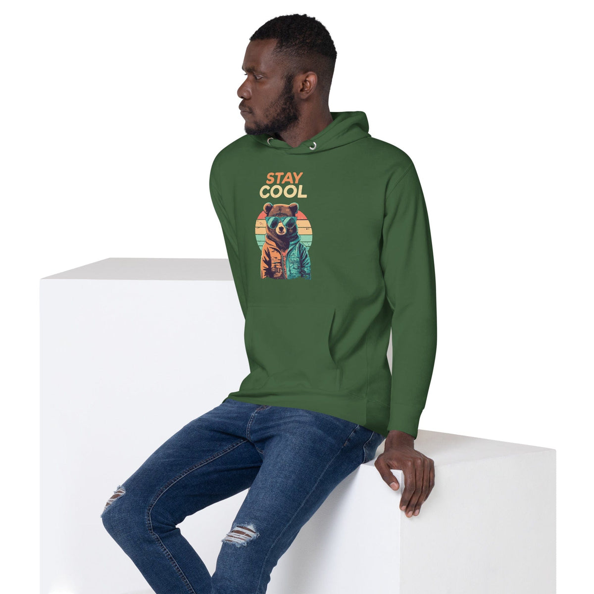 Forest green teddy bear graphic hoodie with front kangaroo pocket and drawstring hood