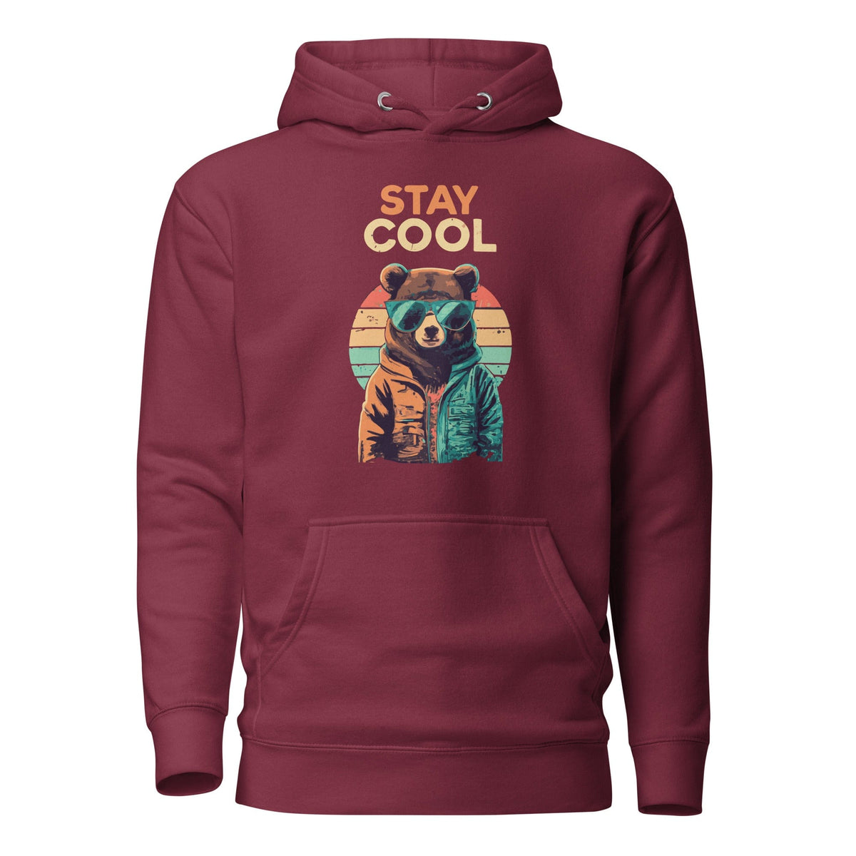 Burgundy teddy bear graphic hoodie with front pocket and drawstring hood