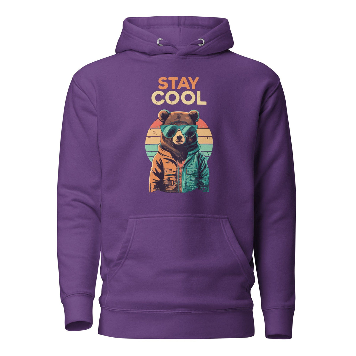 Purple teddy bear graphic hoodie with front pocket and drawstring hood