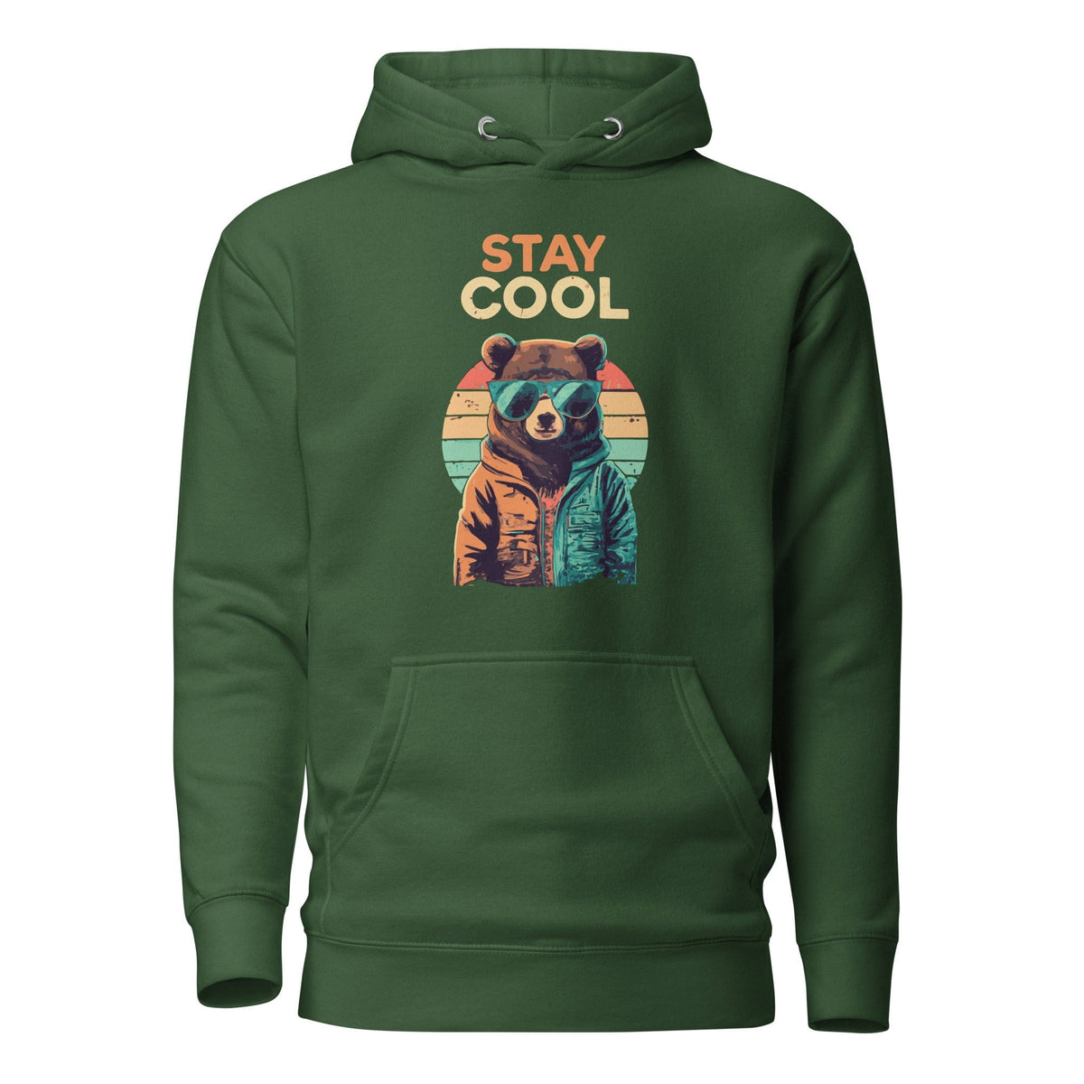 Forest green teddy bear graphic hoodie with front pocket and drawstring hood