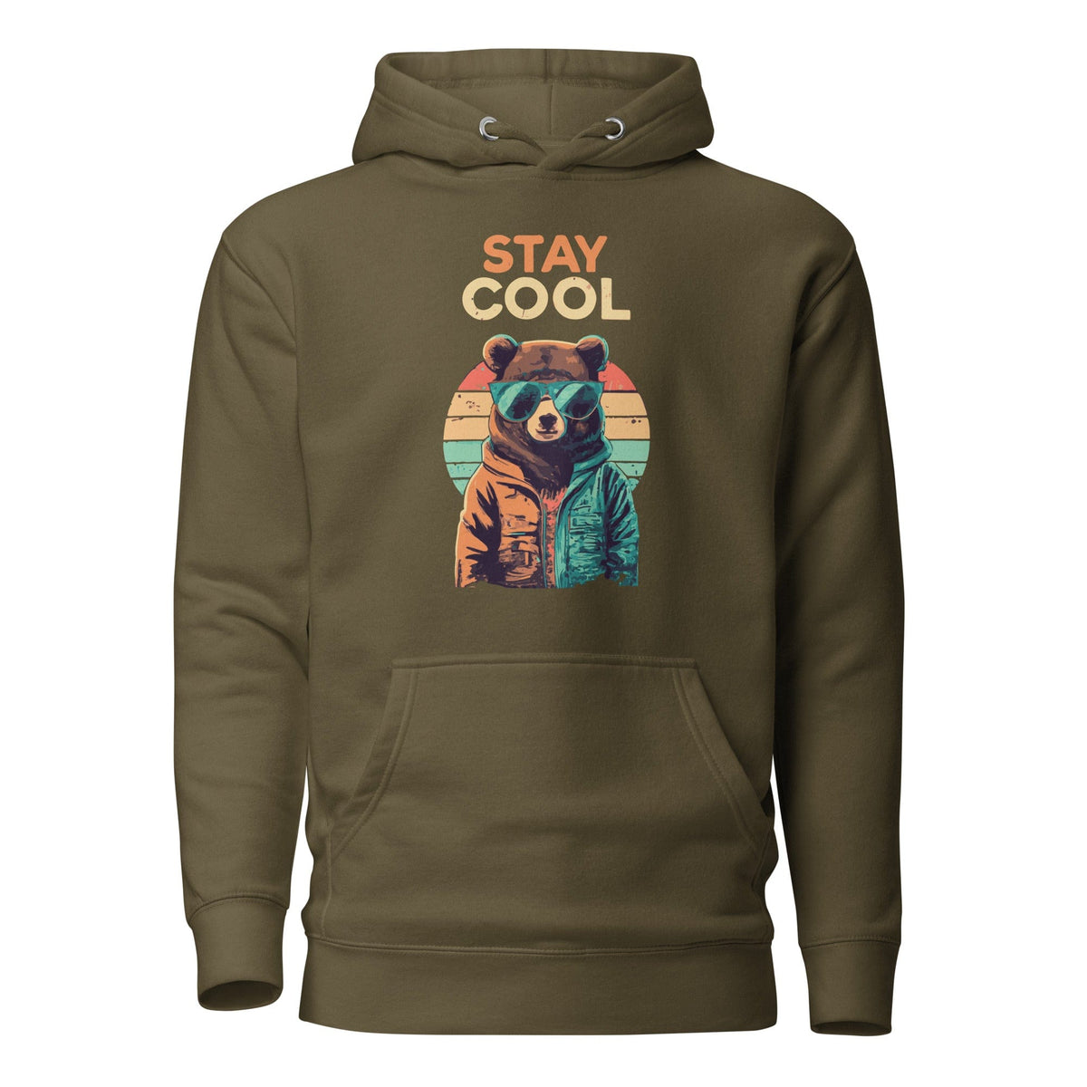 Dark olive teddy bear graphic hoodie with front pocket and drawstring hood