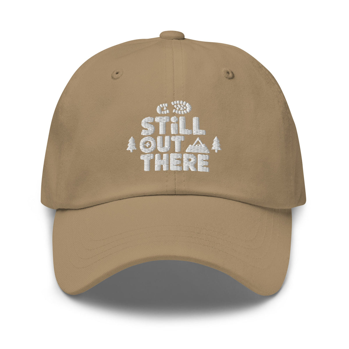 Khaki embroidered adjustable dad hat with front stitched logo and curved brim