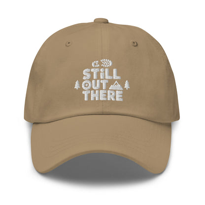 Khaki embroidered adjustable dad hat with front stitched logo and curved brim