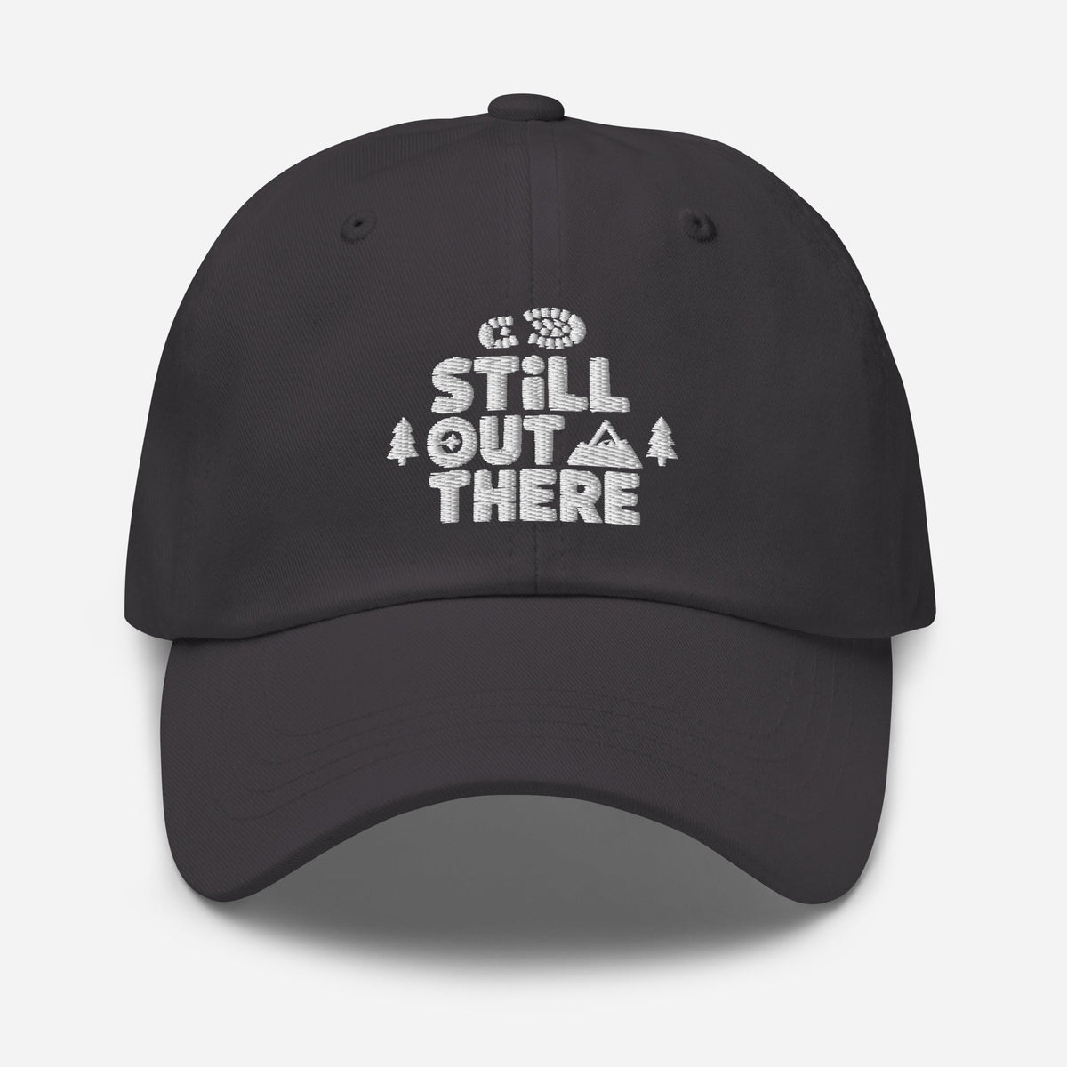 Black embroidered adjustable dad hat with front stitched logo and curved brim
