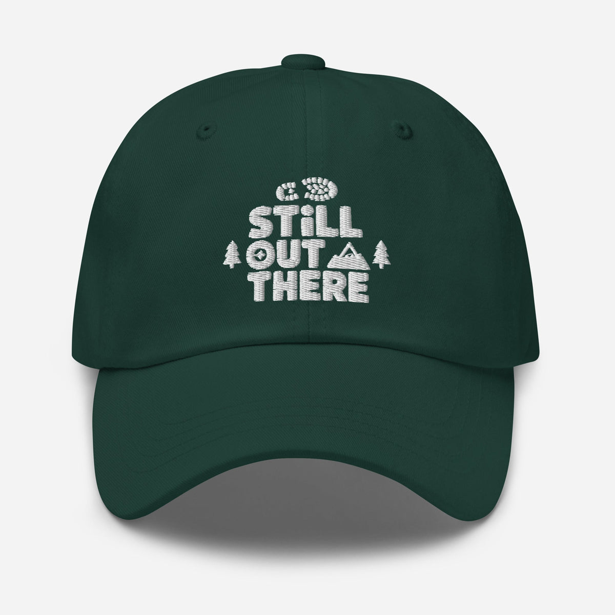 Green embroidered adjustable dad hat with front stitched logo and curved brim