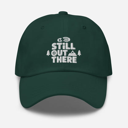 Green embroidered adjustable dad hat with front stitched logo and curved brim